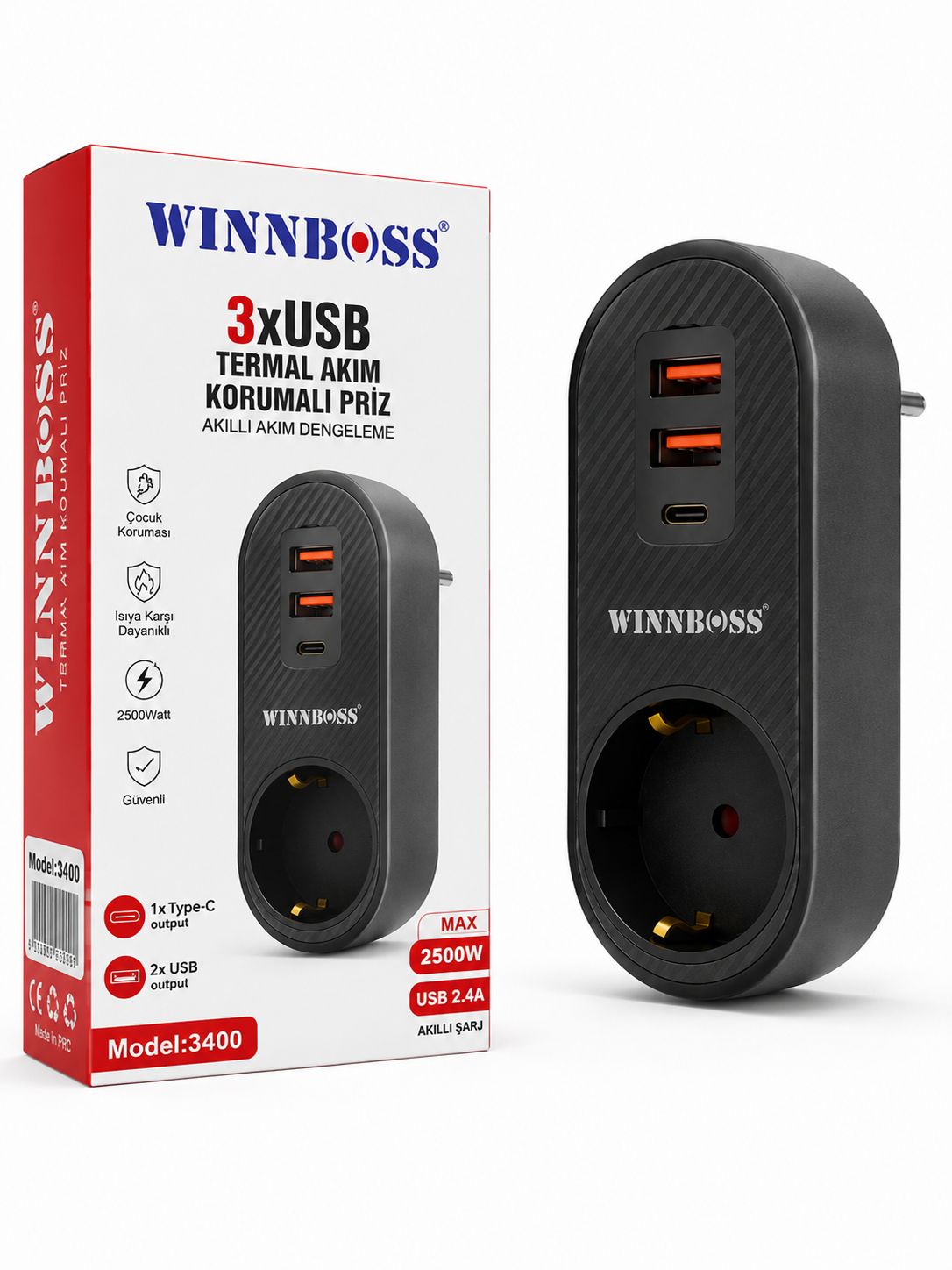 WINNBOSS 2 USB 1 TYPCE AKIM KORUMALI PRİZ  KL:93